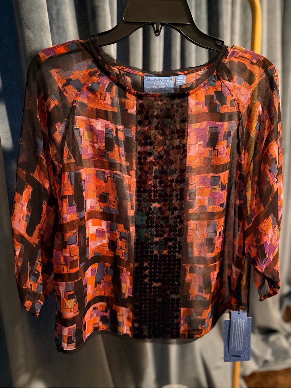 Simply Vera Sheer Mosaic Sequin-Trim Women’s Top - Orange Multi